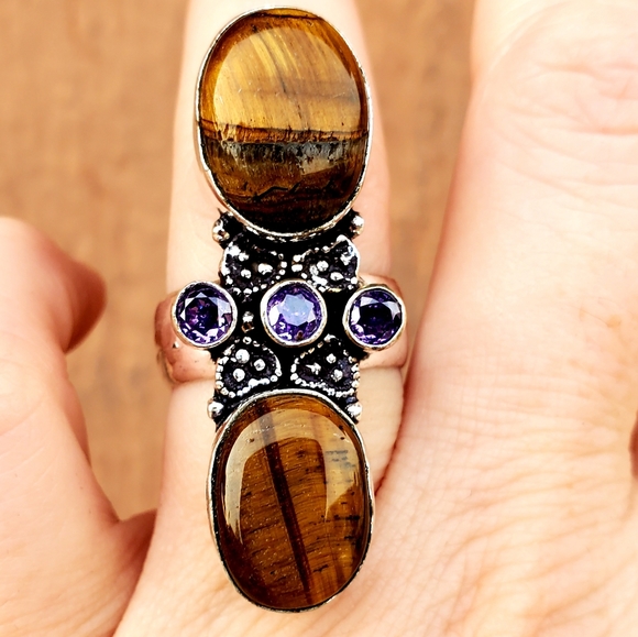 New Stunning Oversized Tiger Eye and Amethyst 925 Silver Statement Ring. - Picture 15 of 16